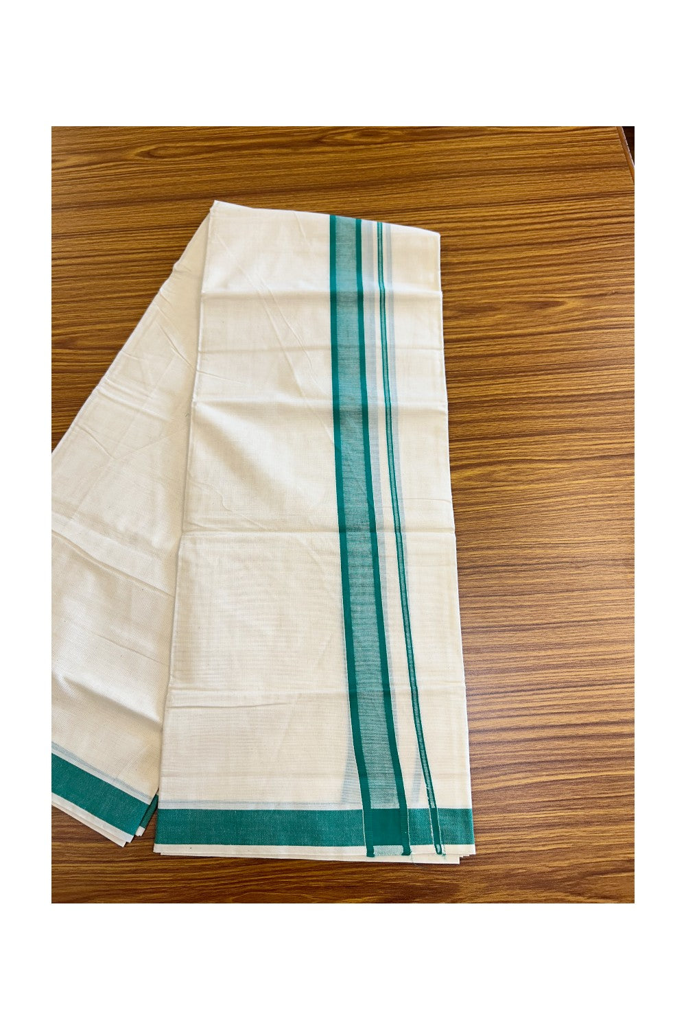 KaithariKada Balaramapuram 100% Cotton Double Off white - (Unbleached) - Mundu/Dhoti-80x72 - 2.25 inch Green Kara - 268