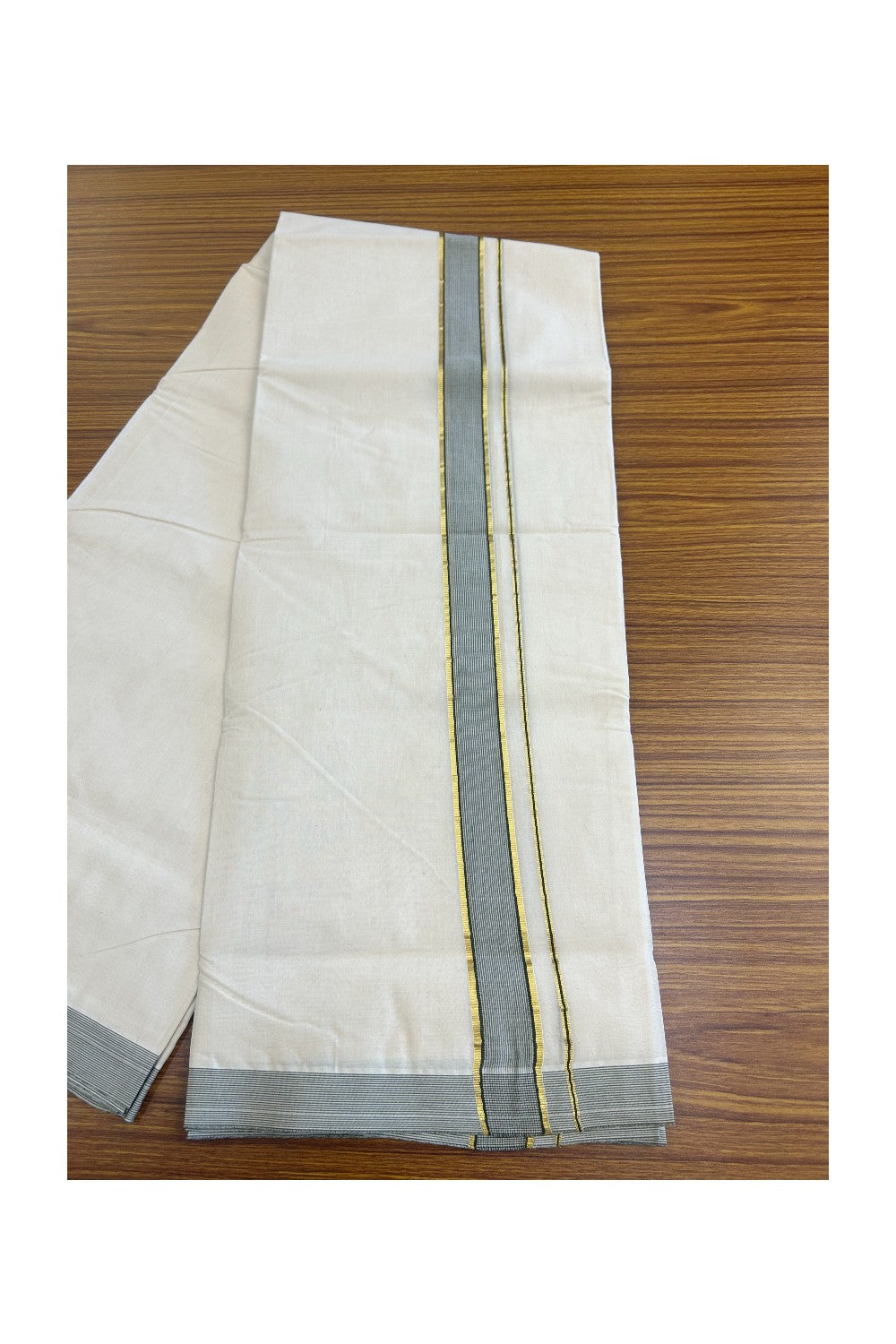10% DISCOUNT ! KaithariKada Balaramapuram 100%  Cotton Double Off white (Unbleached) Mundu/Dhoti-100X100- SAGE GREEN & GOLD & WHITE 1.75 inch  STRIPES Kara- ASH008.