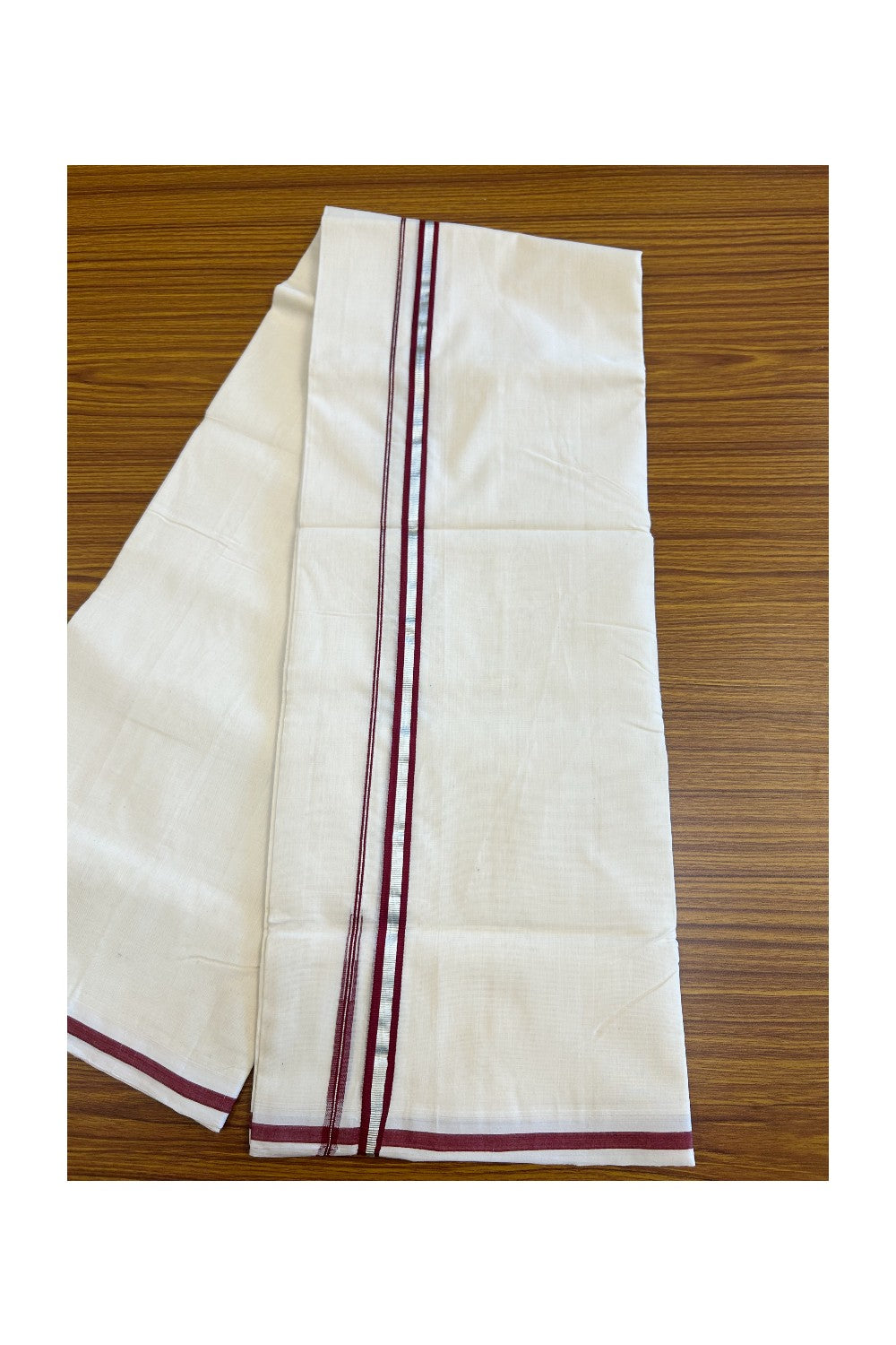 17% Discount KaithariKada HANDLOOM UNAKKUPAAV Balaramapuram - 100% PURE Cotton off white (Unbleached) Double Mundu/Dhoti -  1.5cm Dark Maroon & Silver Kasavu Chutty Kara-106