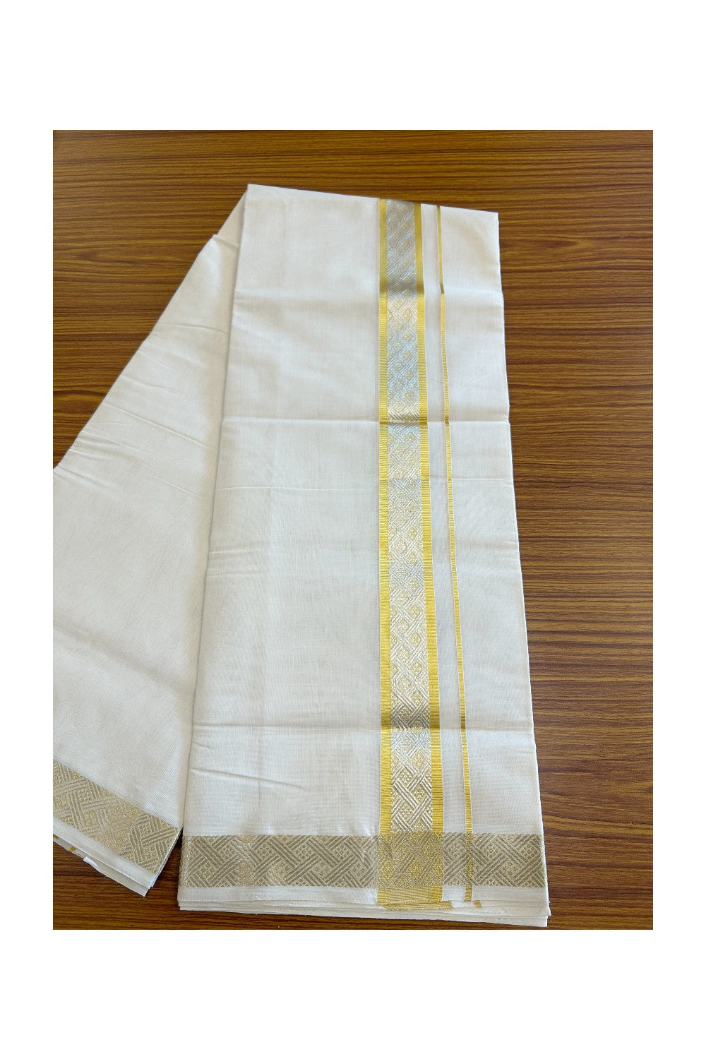 25% DISCOUNT ! KaithariKada HANDLOOM Unakkupaav Balaramapuram - 100% PURE Cotton Off White - (Unbleached) Double Mundu/Dhoti - 2.5 inch Gold Kasavu & Silver Kasavu Design Kara - 24KK5105RAM