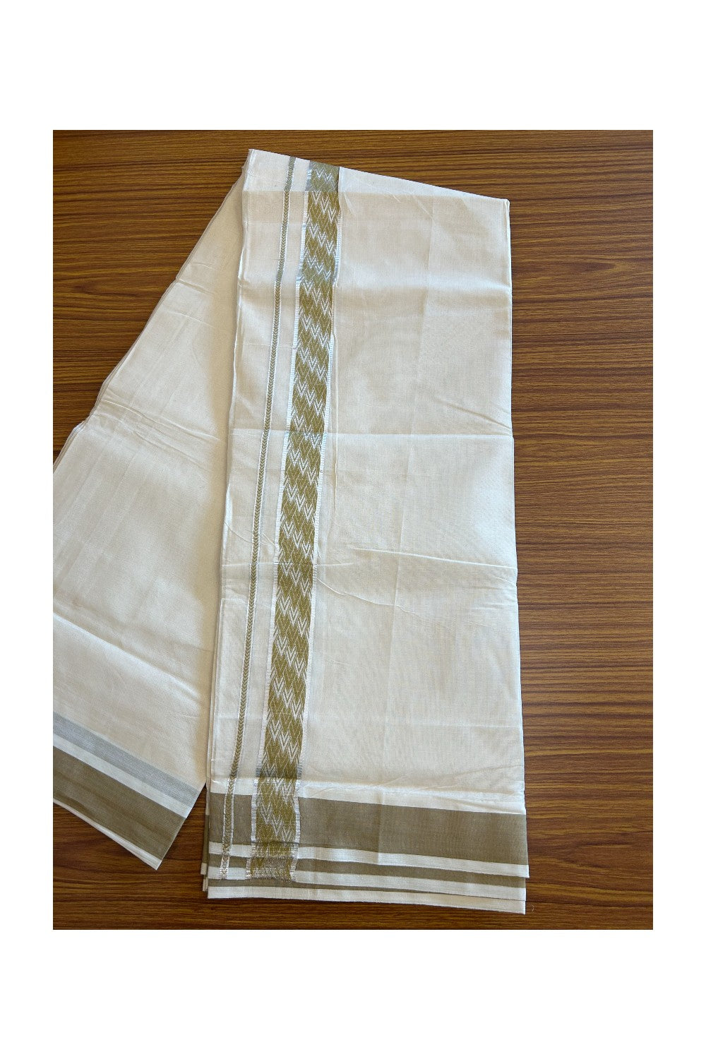 20% DISCOUNT ! KaithariKada Balaramapuram 100% Cotton Double off white (Unbleached) Mundu/Dhoti - 100X90 - 2.25 inch Silver kasavu & Sand Brown jacquard design kara - 24KK5113PMC
