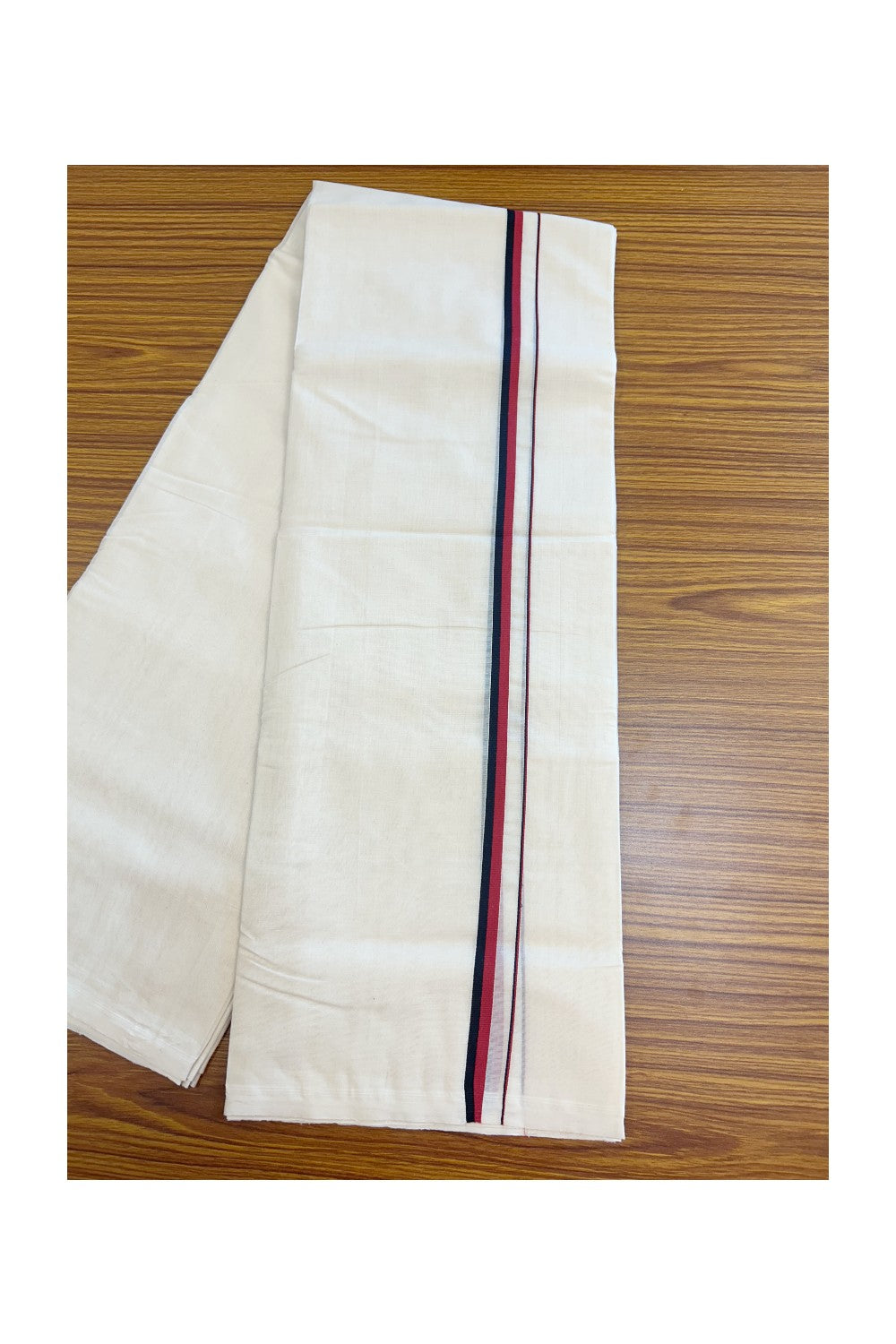 27% DISCOUNT! KaithariKada BALARAMAPURAM HANDLOOM UNAKKUPAAV - 100% PURE Cotton Off white (Unbleached) Double Mundu/Dhoti - 0.5 inch Light Maroon & Black Kara (8 Muzham) - 13KK5161SOM