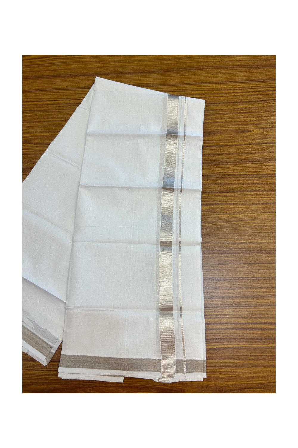23% DISCOUNT! KaithariKada Balaramapuram 100% Cotton DOUBLE PURE WHITE Mundu/Dhoti - 100x80 - 1 inch Silver Kasavu Kara - 24KK5171GAN