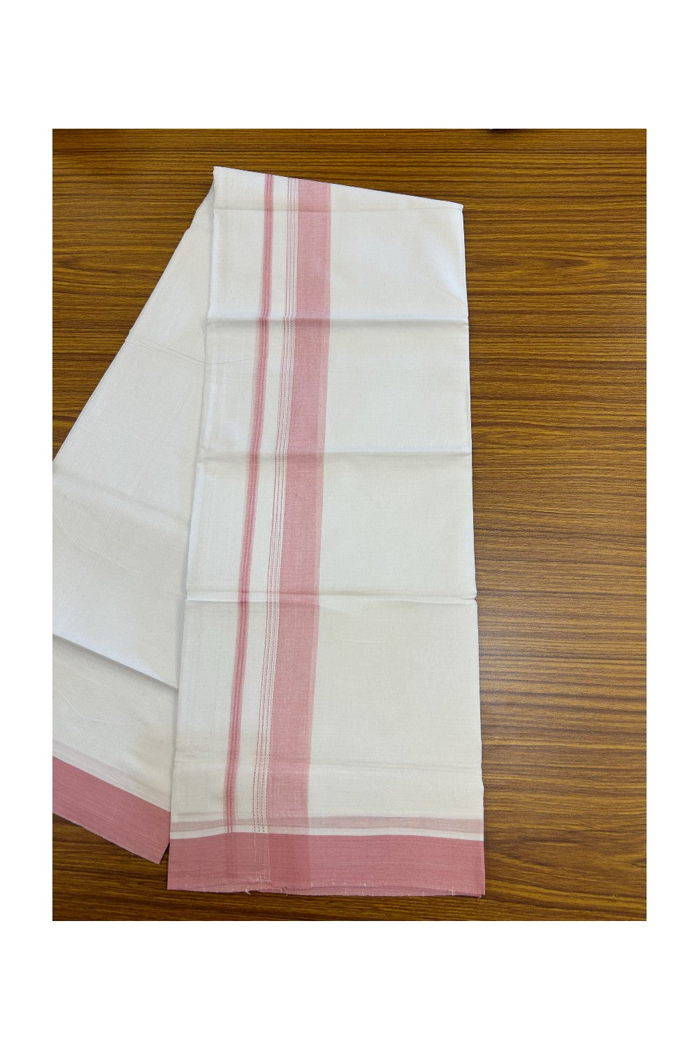 20% Discount ! Kaitharikada Balaramapuram 100% Cotton PURE WHITE Double Mundu/Dothi - 100x80 - 1.75 inch Baby Pink Shaded Striped Kara - 24KK5183VIN