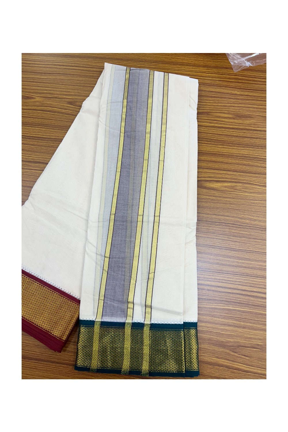 20% DISCOUNT! KaithariKada 100% Cotton Off White - (Unbleached) 100x100 thread - NORTH INDIAN- ATTACHED GAMCHA 10X6 Dhoti 2.75 inch Dark Brown kara with Maroon & Dark Green Kasavu border - 24KK5196PMC