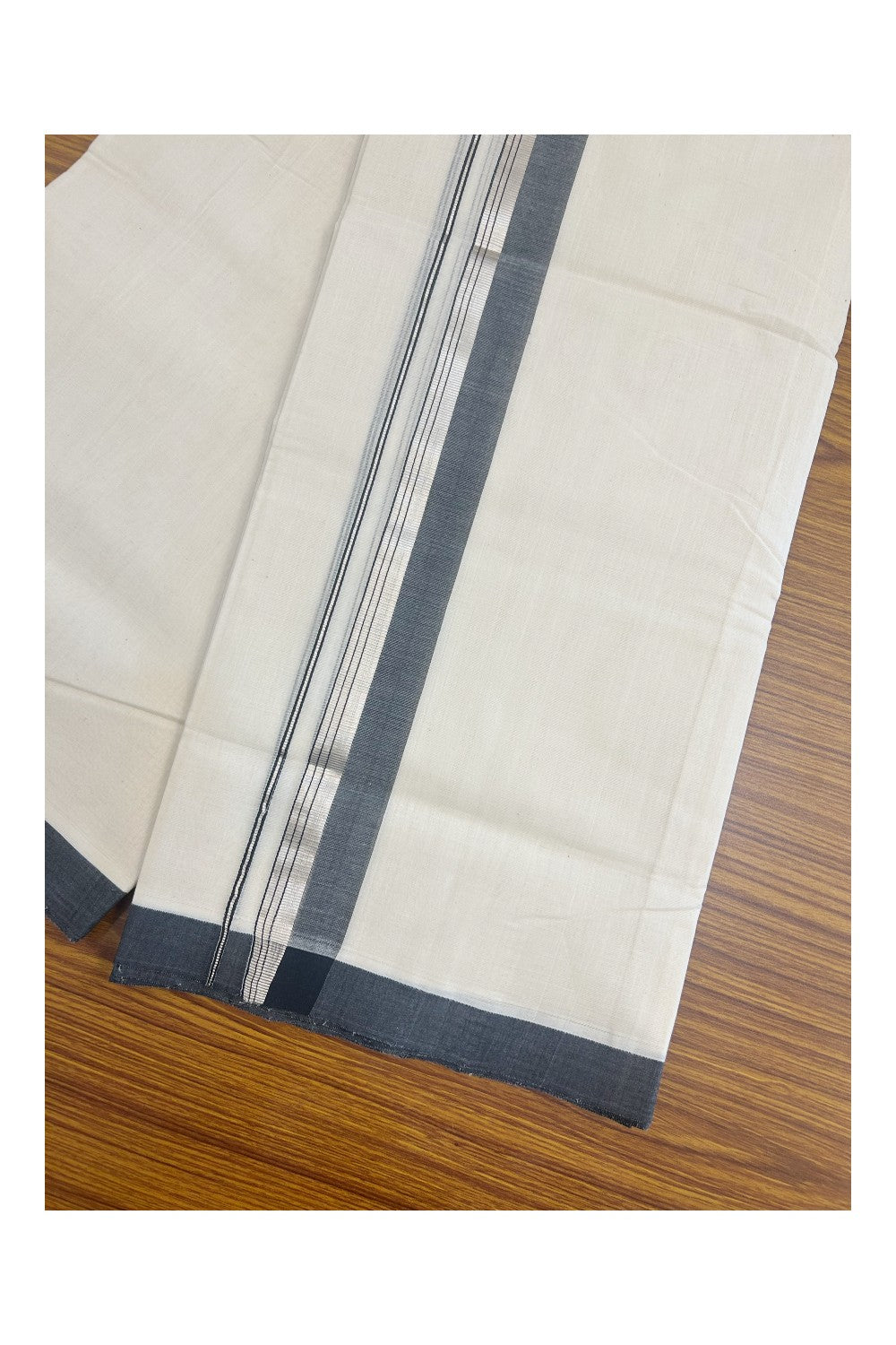 31% DISCOUNT!! KaithariKada HANDLOOM Millpaav Balaramapuram - 100% PURE Cotton OFF White Double - (Unbleached) Mundu/Dothi - 1.75 Inch Silver Kasav Black kara - 24kk5153RAM