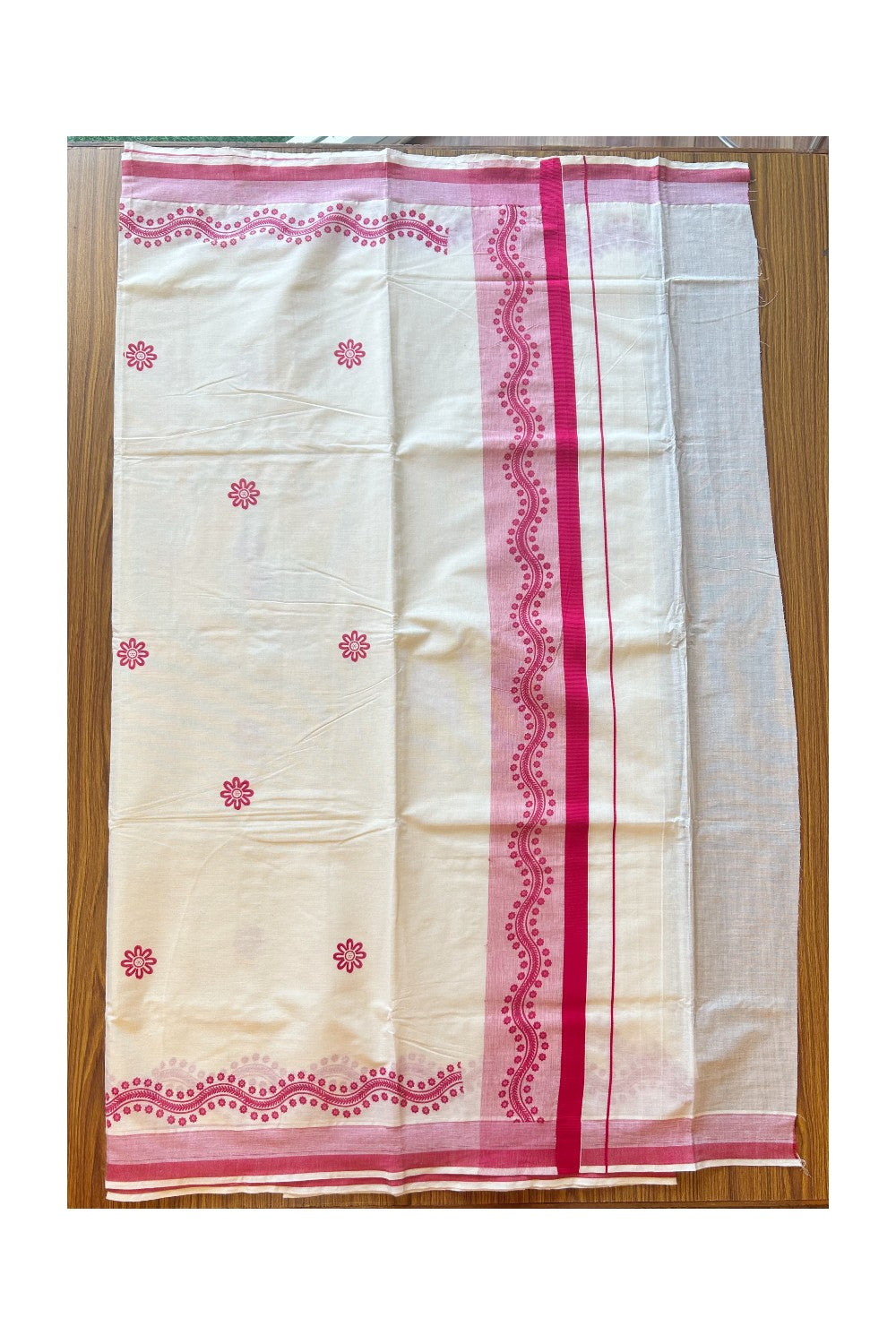 25% Discount! Kaitharikada Kerala Saree - Cotton Off white - Pink Deep Kara with Floral Prints - 24KK300VIN