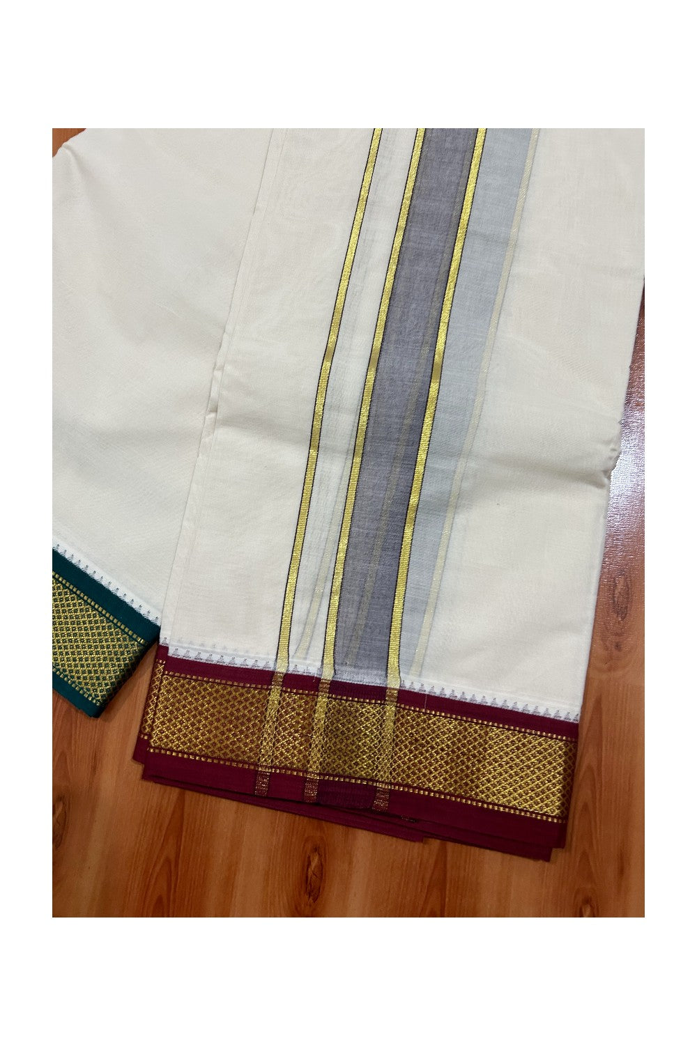 38% DISCOUNT! KaithariKada 100% Cotton Off White - (Unbleached) 100x100 thread - NORTH INDIAN- ATTACHED GAMCHA 9X5 Dhoti 2.5 inch Purple kara with Maroon &Green Kasavu border  - 24KK5005PMC