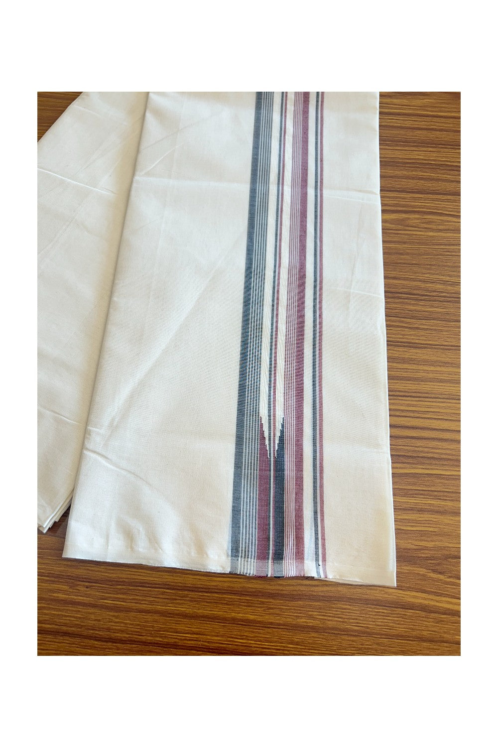 ADMK VESHTI SHORT DHOTI SPECIAL! Kaitharikada.com - 19% Discount! Balaramapuram Double Off white - (Unbleached) Mundu/Dhoti - 100X100 - 2 inch Kara & 46 inches Height Puliyilakkara Maroon & Black Striped Chutty Kara - Big Size Dhoti - 8KK5079ASH