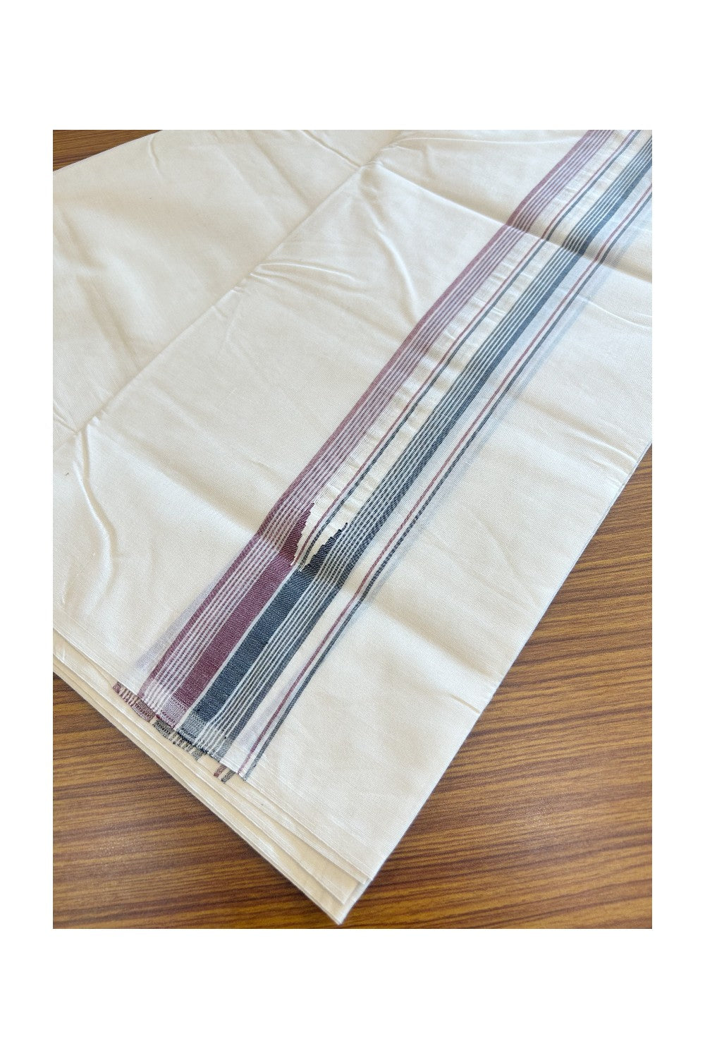 ADMK VESHTI 18% Discount !! KaithariKada Balaramapuram Double Off white - (Unbleached) Mundu/Dhoti - 100X100 - 2.25 inch Puliyilakkara Maroon & Black Striped Chutty Kara - Big Size Dhoti - 24KK5045ASH