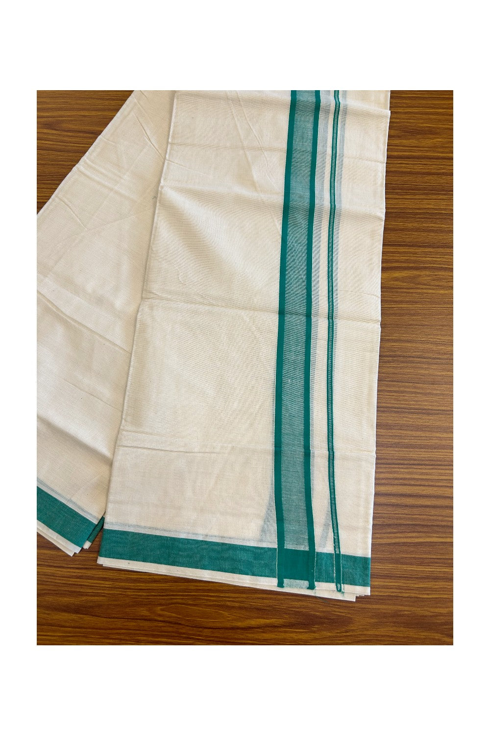 KaithariKada Balaramapuram 100% Cotton Double Off white - (Unbleached) - Mundu/Dhoti-80x72 - 2.25 inch Green Kara - 268