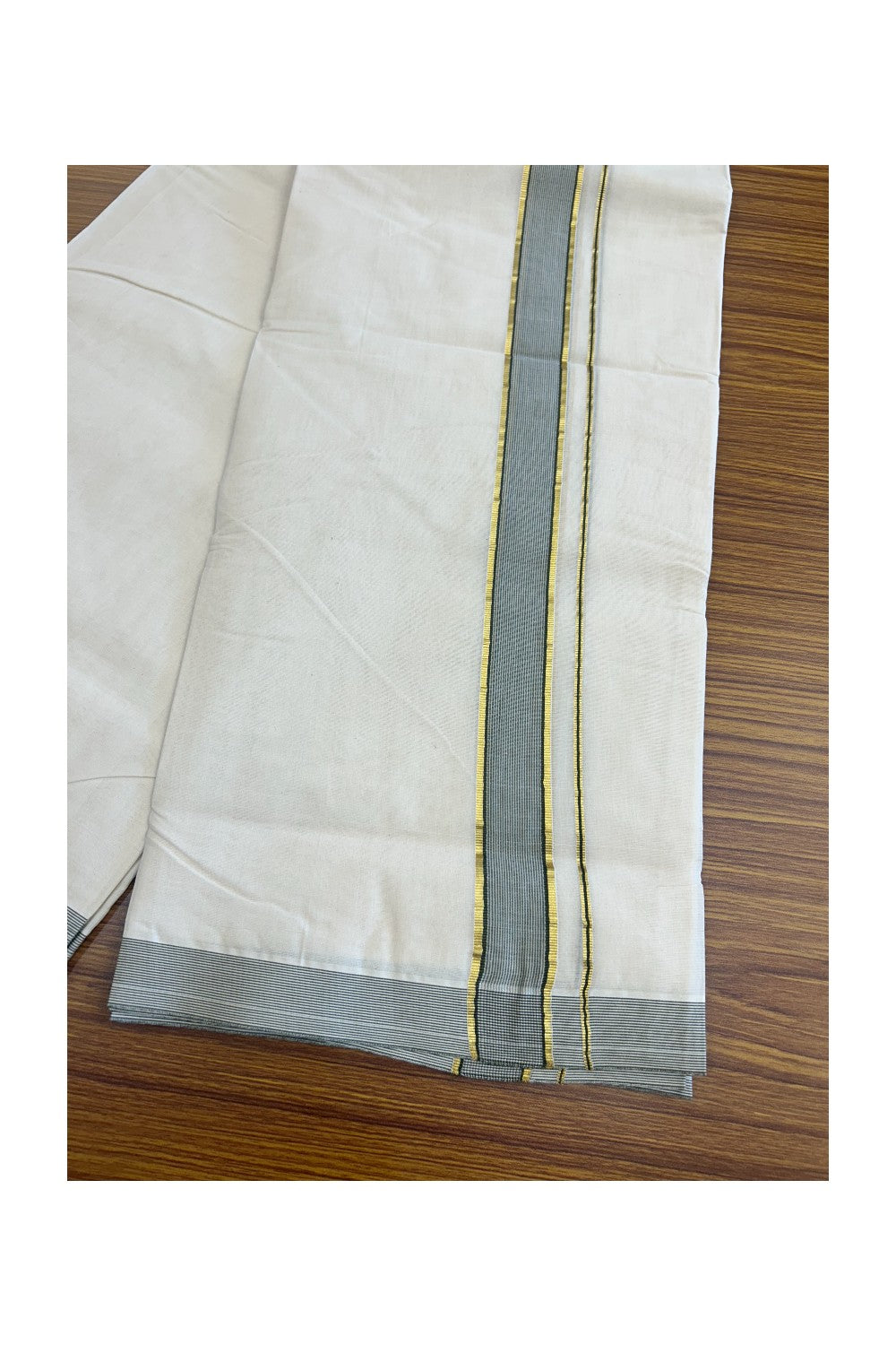 10% DISCOUNT ! KaithariKada Balaramapuram 100%  Cotton Double Off white (Unbleached) Mundu/Dhoti-100X100- SAGE GREEN & GOLD & WHITE 1.75 inch  STRIPES Kara- ASH008.