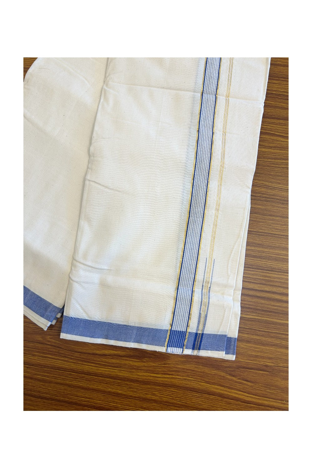 30% Discount ! KaithariKada 100% Cotton Balaramapuram HANDLOOM Single Mundu/Dhoti - Off White (Unbleached) 1.Inch (2 meter / 4 muzham) Blue Striped Puliyilakkara Chutty.