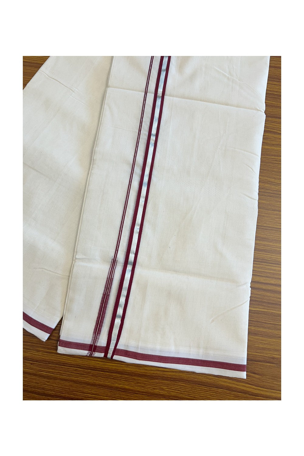 17% Discount KaithariKada HANDLOOM UNAKKUPAAV Balaramapuram - 100% PURE Cotton off white (Unbleached) Double Mundu/Dhoti -  1.5cm Dark Maroon & Silver Kasavu Chutty Kara-106
