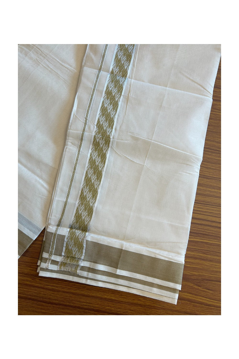 20% DISCOUNT ! KaithariKada Balaramapuram 100% Cotton Double off white (Unbleached) Mundu/Dhoti - 100X90 - 2.25 inch Silver kasavu & Sand Brown jacquard design kara - 24KK5113PMC