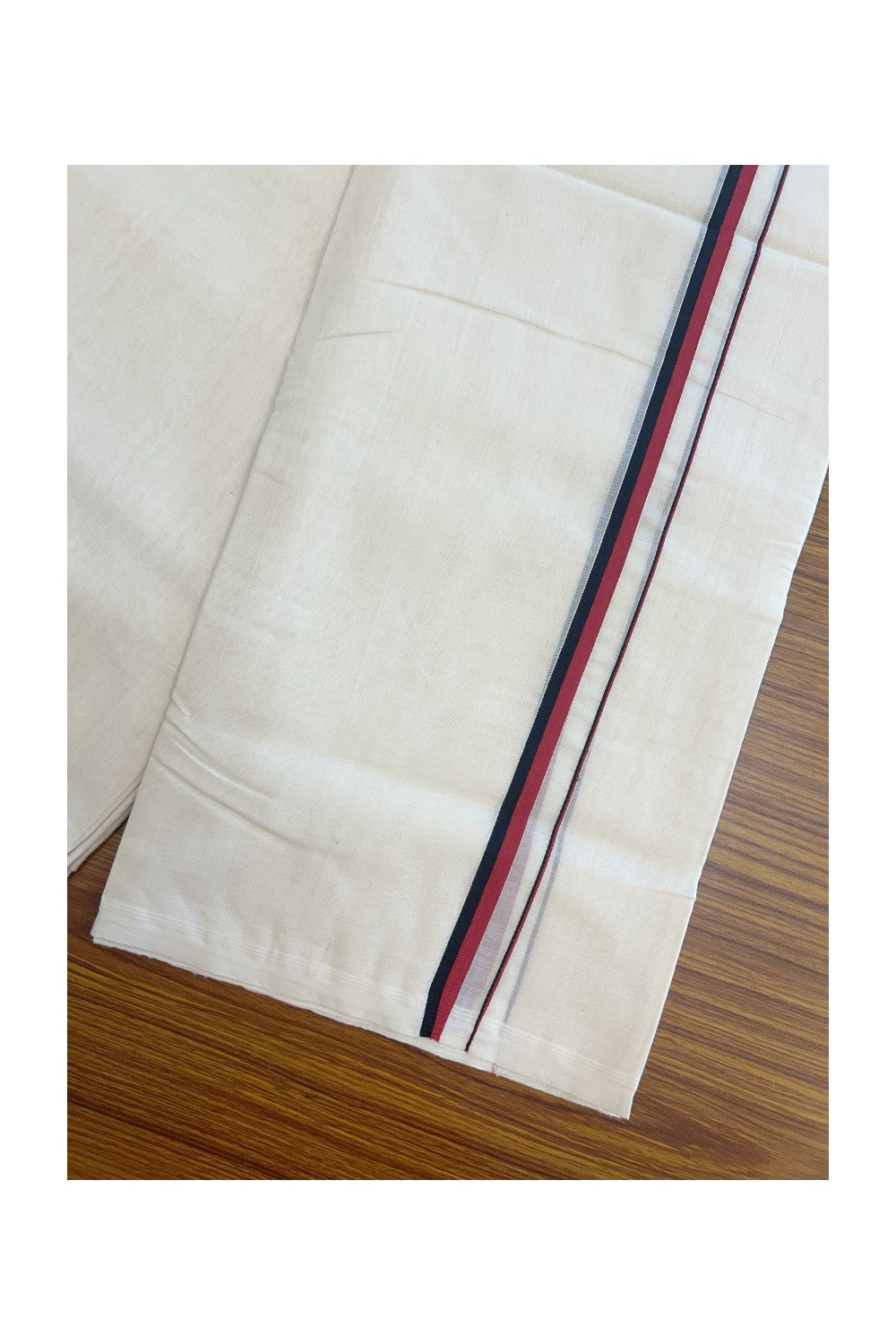 27% DISCOUNT! KaithariKada BALARAMAPURAM HANDLOOM UNAKKUPAAV - 100% PURE Cotton Off white (Unbleached) Double Mundu/Dhoti - 0.5 inch Light Maroon & Black Kara (8 Muzham) - 13KK5161SOM