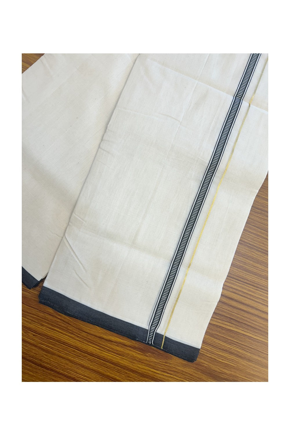 25% DISCOUNT!! KaithariKada HANDLOOM  UNAKKUPAAV Balaramapuram - 100% PURE Cotton OFF White - (Unbleached) Double Mundu/Dothi - 100x100 - PURE KASAVU 1.5 cm Black pattern kara 3.80 meter (8.5 Muzham) - 31KK5167REA