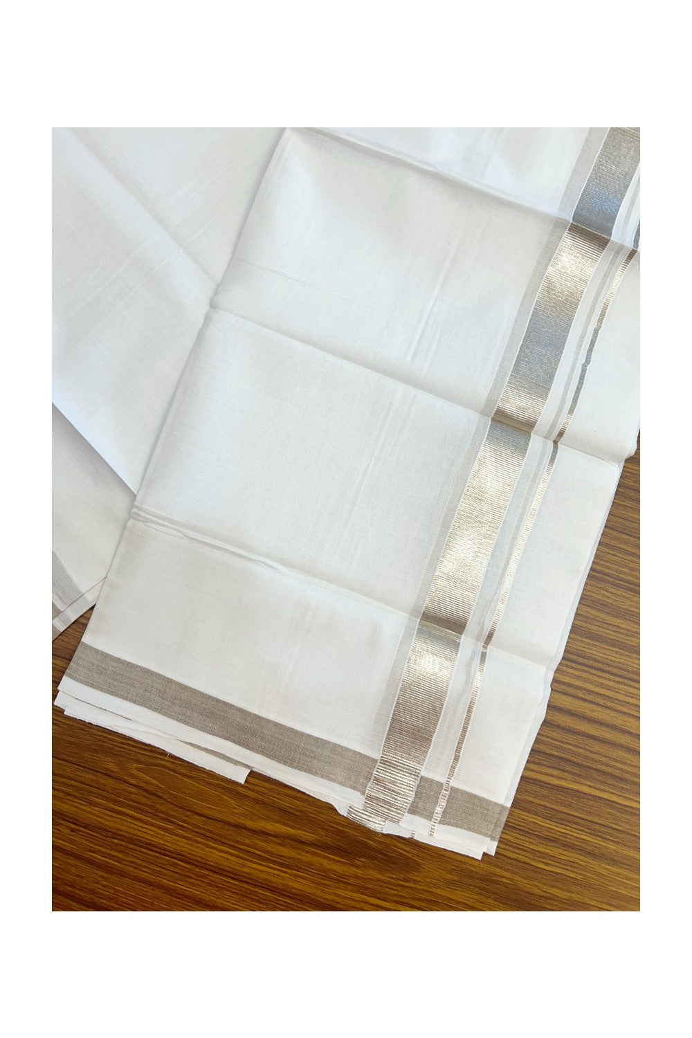 23% DISCOUNT! KaithariKada Balaramapuram 100% Cotton DOUBLE PURE WHITE Mundu/Dhoti - 100x80 - 1 inch Silver Kasavu Kara - 24KK5171GAN