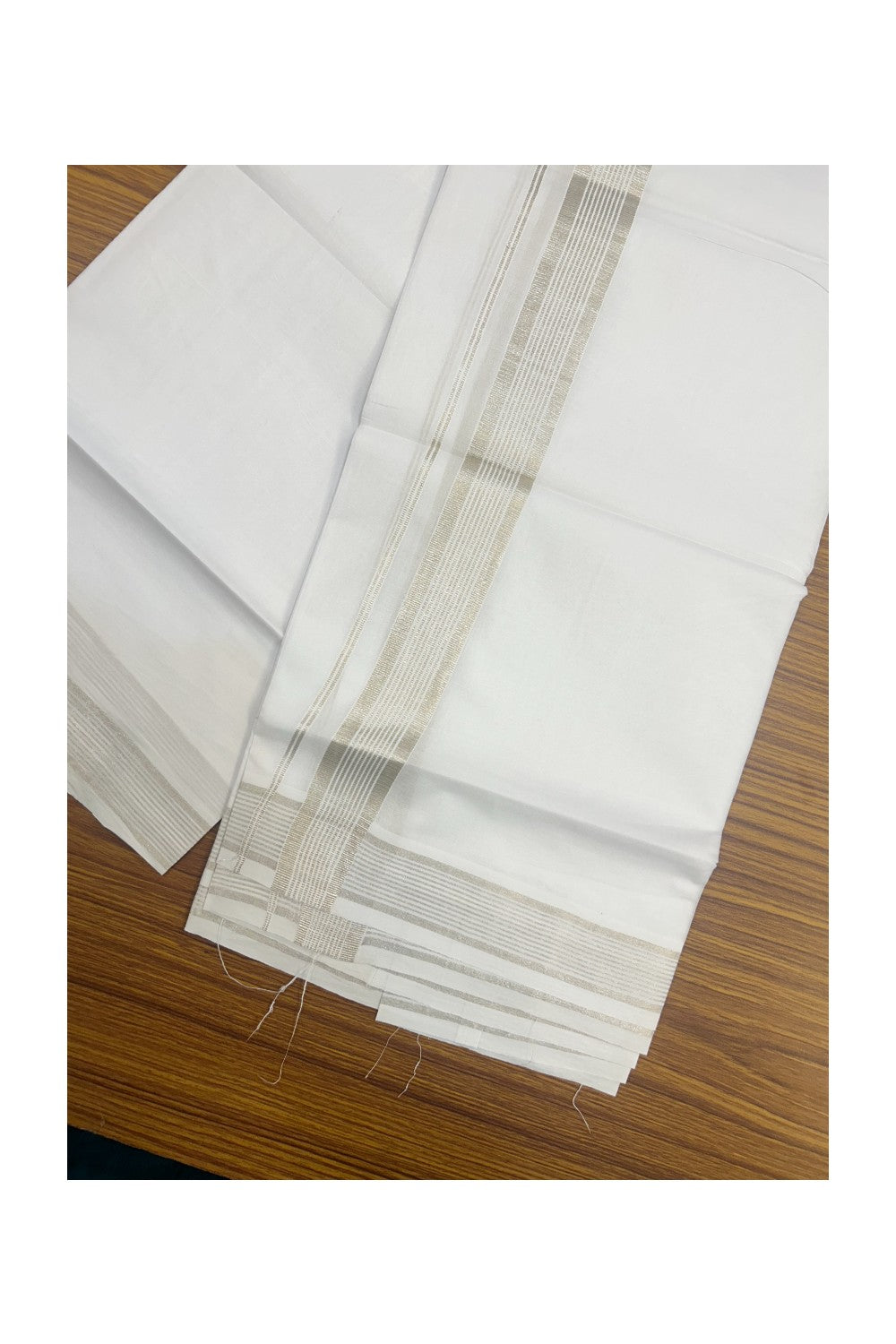 20% DISCOUNT! KaithariKada Balaramapuram 100% Cotton Double pure white - Mundu/Dhoti - 100x80 - 1 inch Silver Stripes Kara - 24KK5172PMC