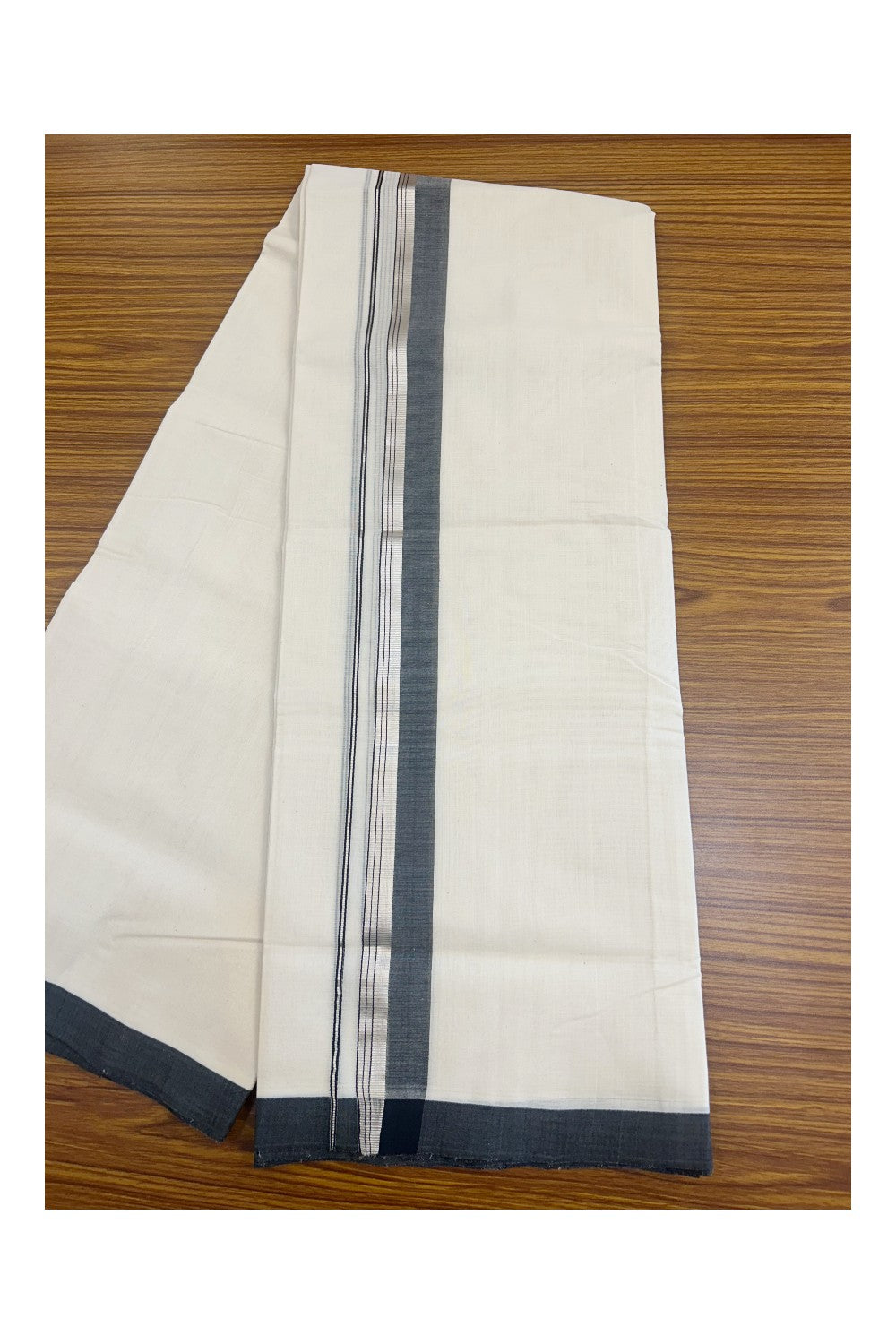 31% DISCOUNT!! KaithariKada HANDLOOM Millpaav Balaramapuram - 100% PURE Cotton OFF White Double - (Unbleached) Mundu/Dothi - 1.75 Inch Silver Kasav Black kara - 24kk5153RAM