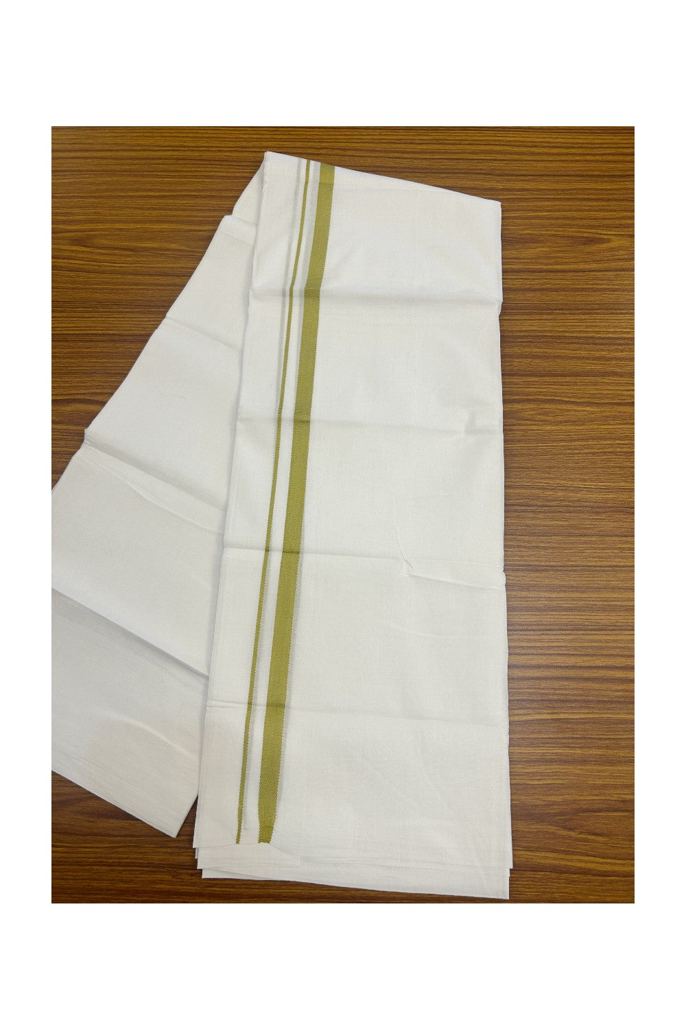 20% DISCOUNT!! KaithariKada Balaramapuram 100% Cotton PURE WHITE DOUBLE Mundu/Dhoti - 100x80 - 0.5 inch Mustard Yellow Design Kara - 25KK5174THI