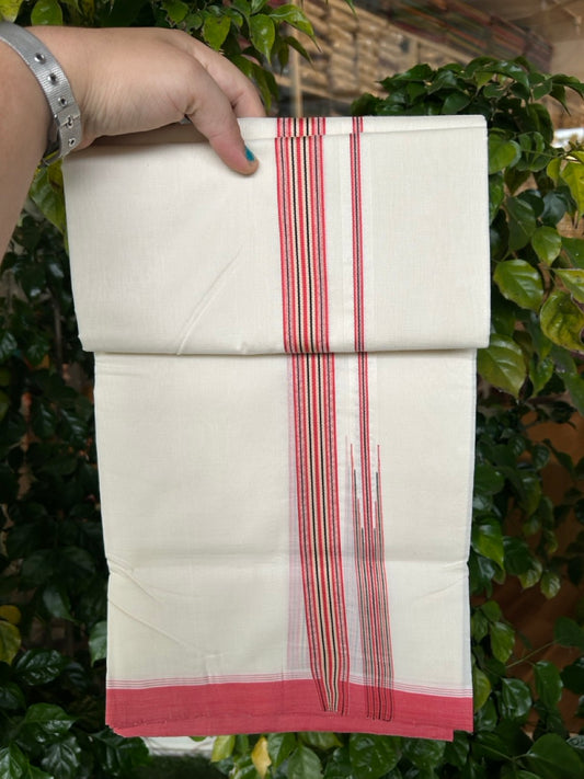 25% DISCOUNT!! KaithariKada HANDLOOM  UNAKKUPAAV Balaramapuram - 100% PURE Cotton OFF White - (Unbleached) Double Mundu/Dothi - 100 x 80 - Pink Red Black Cream Chutty Kara - 3.85meter - 25 KK5249 REA