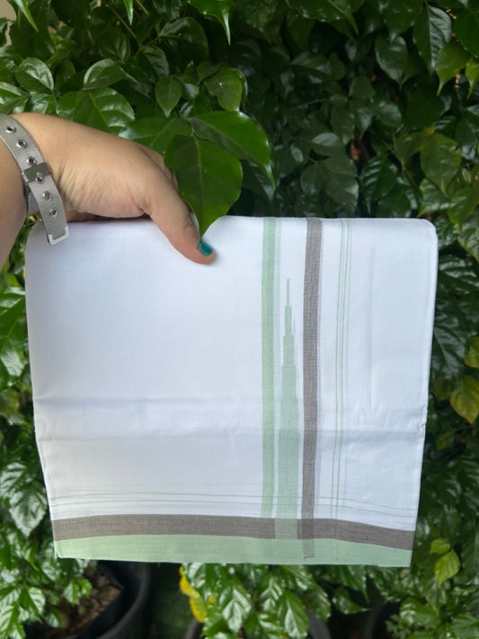20% Discount ! NEW! KaithariKada Balaramapuram 100% Cotton Pure white Double Mundu/Dhoti - (100x80)s - 1.5 inch Light Green Brown chutty - 25 KK5249 VIN