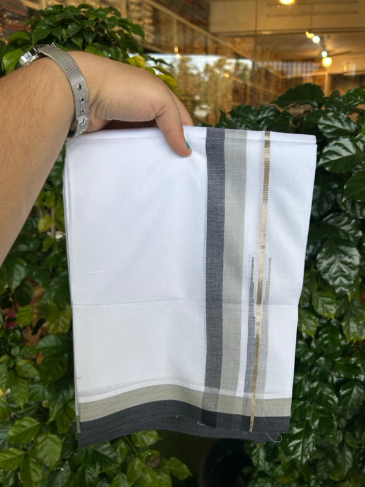 26% Discount ! NEW! KaithariKada Balaramapuram 100% Cotton Pure white Double Mundu/Dhoti - (100x80)s - Ash Black Chutty Silver Kasav - 25 KK5252 CKS