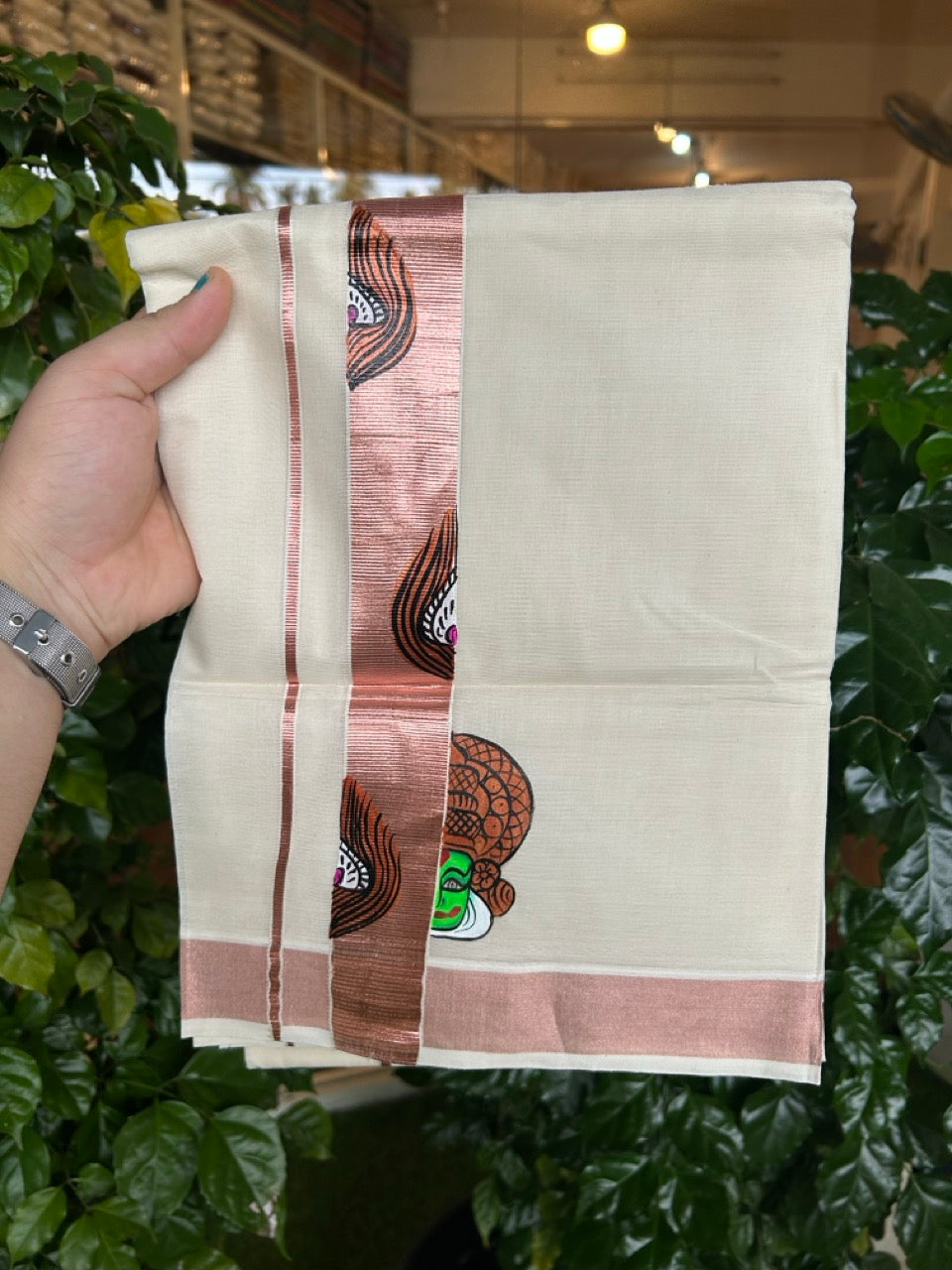 24% Discount! KaithariKada 100% Cotton Double Off white - (Ubleached) Mundu / Dhoti - 100x80 1.5 inch Copper Silver Kasavu & Hand Painted Kathakali Peacock - 25 KK5259 CKS