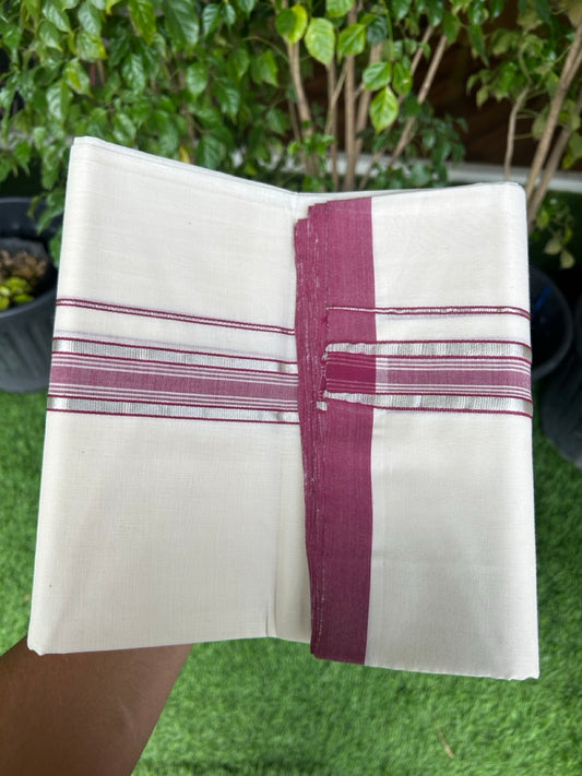 31% DISCOUNT!! KaithariKada HANDLOOM Millpaav Balaramapuram - 100% PURE Cotton OFF White Double - (Unbleached) Mundu/Dothi - 1.75 Inch Silver Kasav Maroon kara - 25kk5153RAM
