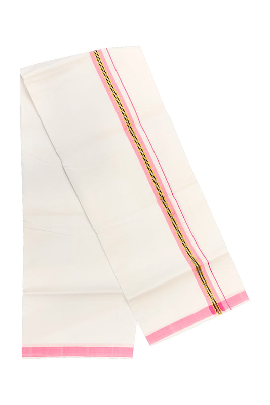 30% OFFER! KaithariKada 100% Cotton Balaramapuram HANDLOOM Single PURE WHITE Mundu/Dhoti - 1.5 inch (2 meter / 4 muzham) Pink Kasavu Kara & Black Design Stripes Design - 25KAI.