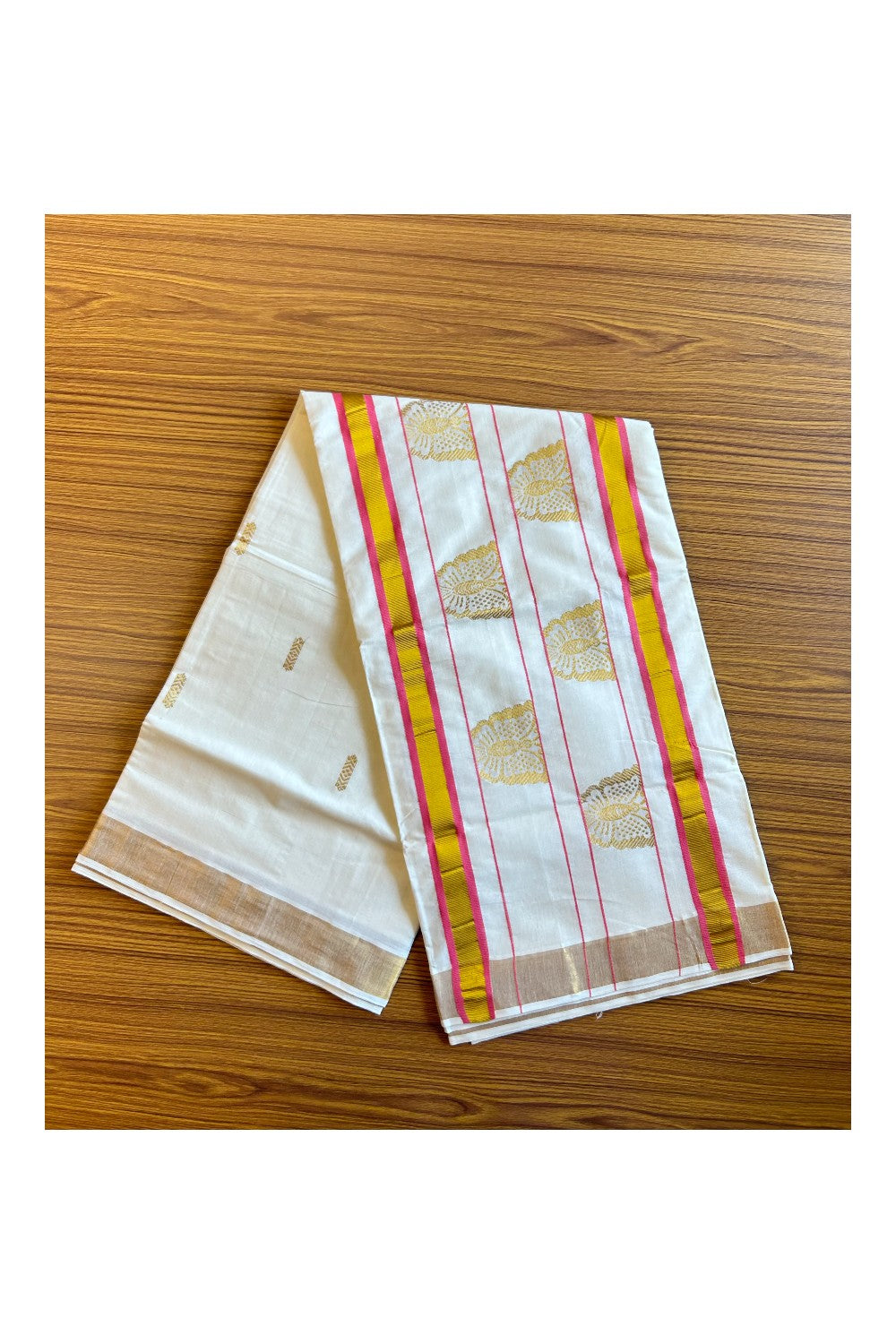 25% Discount! Kaitharikada Kerala Cotton Saree Off white - 12 inch Kasavu Zari with Pink & Butterfly Pattern Putta Design- 25KK303VIN