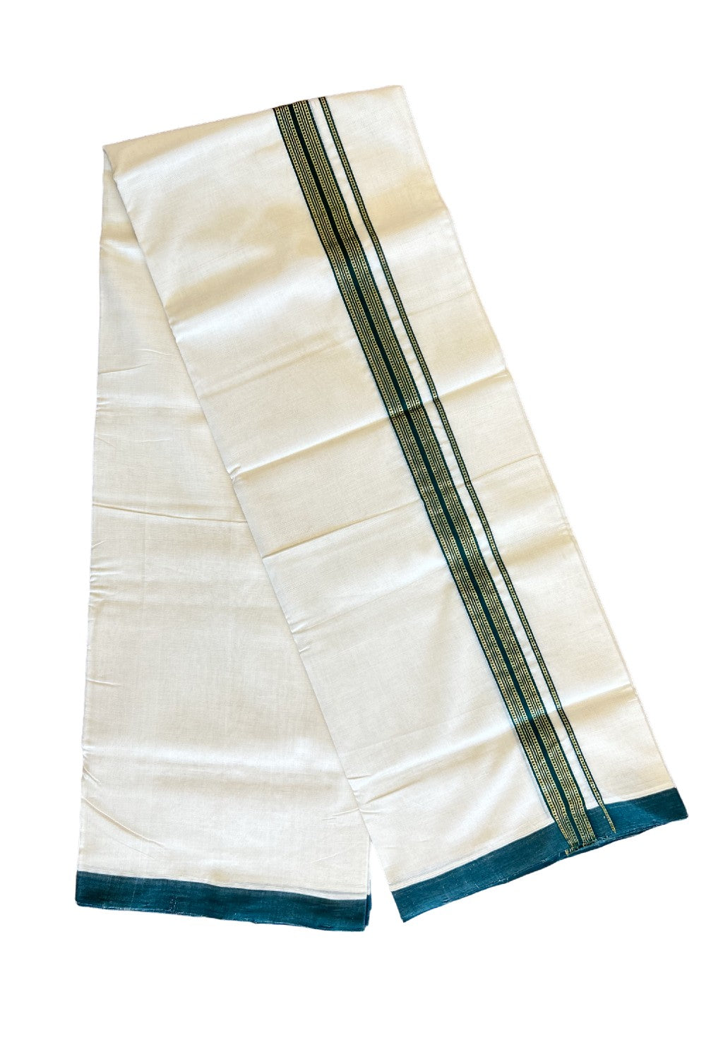 25% Discount!!! KaithariKada HANDLOOM UNAKKUPAAV Balaramapuram - 100% PURE Cotton off white (Unbleached) Double Mundu/Dhoti - 1.75 inch Dark green & kasavu pattern kara - 25KK458SOM