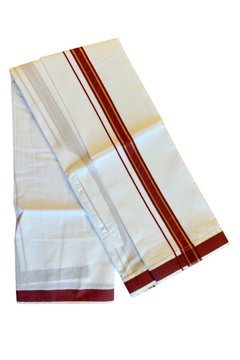 KaithariKada Balaramapuram COTTON SINGLE PURE WHITE VELCRO Mundu/Dhoti - 1.75inch Maroon & Kasavu kara (2 metre / 4 muzham)- 25KK485SRI