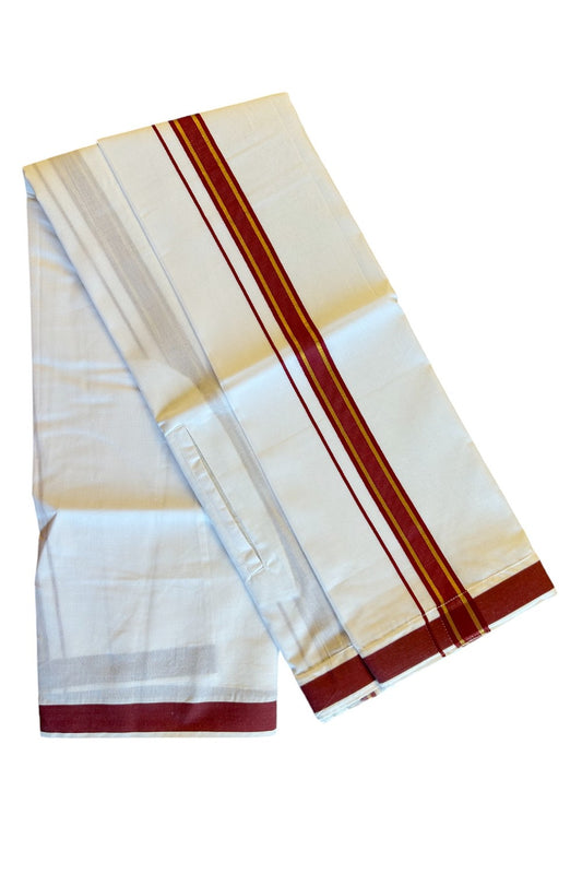 KaithariKada Balaramapuram COTTON SINGLE PURE WHITE VELCRO Mundu/Dhoti - 1.75inch Maroon & Kasavu kara (2 metre / 4 muzham)- 25KK485SRI