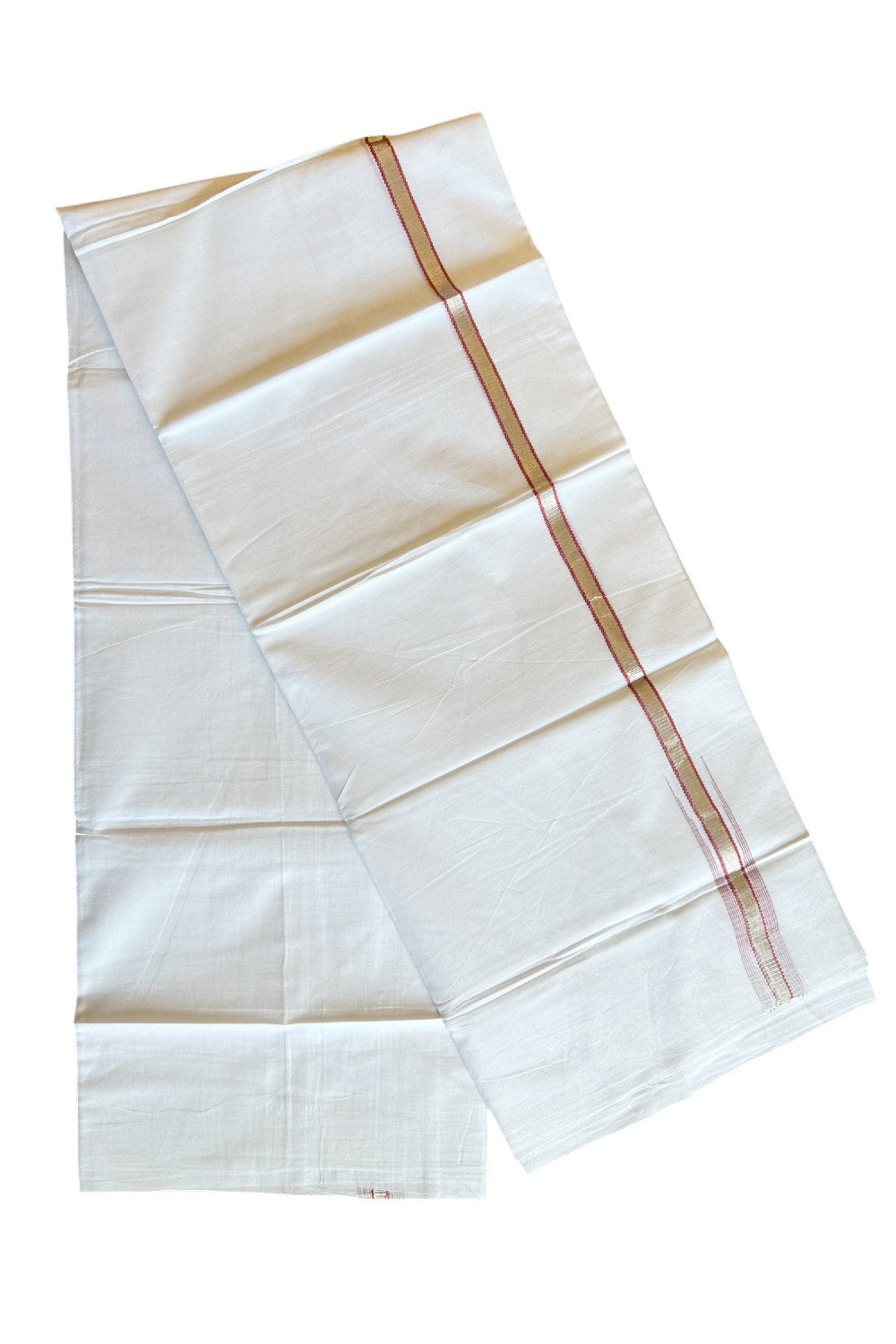 8% Discount ! Kaitharikada Balaramapuram 100% Cotton PURE WHITE Double Mundu/Dothi - 0.5 inch (2 meter / 4 muzham) Silver Kasavu & Dark Peach Striped Chutty Kara - 25KK5032GAN