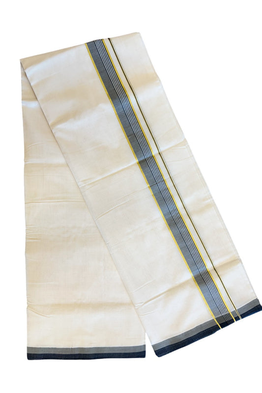 25% Discount KaithariKada HANDLOOM Unakkupaav Balaramapuram - 100% PURE Cotton Off White (Unbleached) Double Mundu/Dhoti - 2 inch  Kasavu & Olive Ash Stripes-207