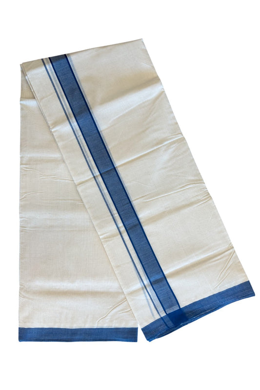 30% DISCOUNT! KaithariKada BALARAMAPURAM HANDLOOM Unakkupaav- 100% PURE Cotton 100x100 Double Mundu/Dhoti OFF WHITE (Unbleached) - Peacock Blue Stripes Kara