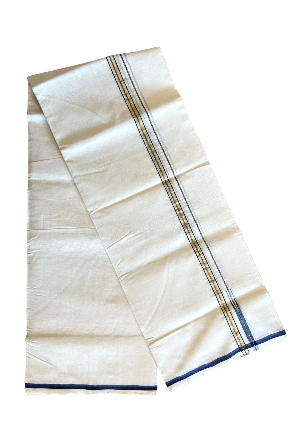 22% DISCOUNT!! KaithariKada HANDLOOM UNAKKUPAAV Balaramapuram - 100% PURE Cotton OFF White (Unbleached) Double Mundu/Dothi - Puliyilakkara kasavu Navy Blue chutty - 21KK403RAM.