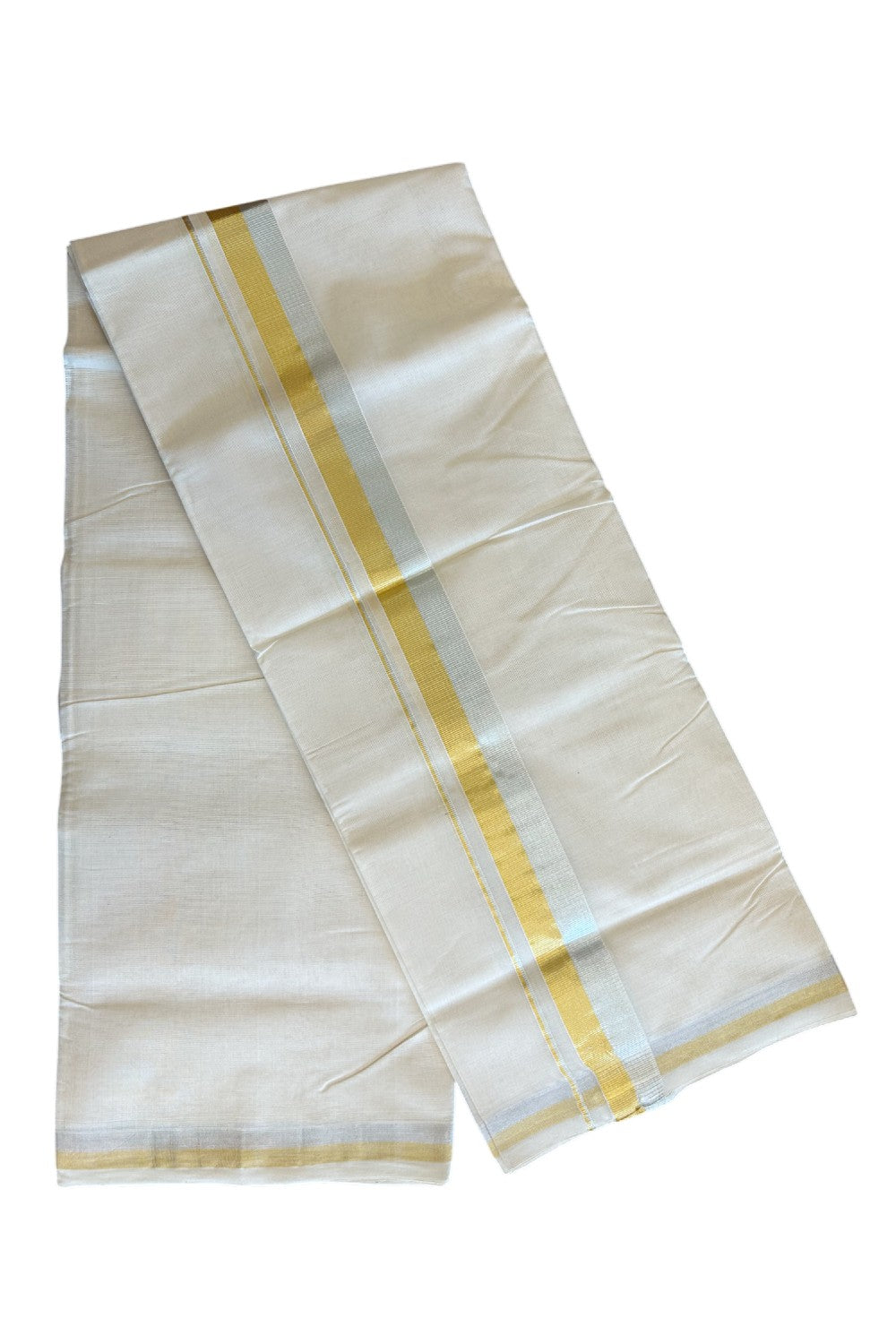 25% DISCOUNT ! KaithariKada HANDLOOM Millpaav Balaramapuram - 100% PURE Cotton Off White - (Unbleached) Double Mundu/Dhoti - 2.25 inch Gold Kasavu & Silver Kasavu Kara - 25KK5105RAM