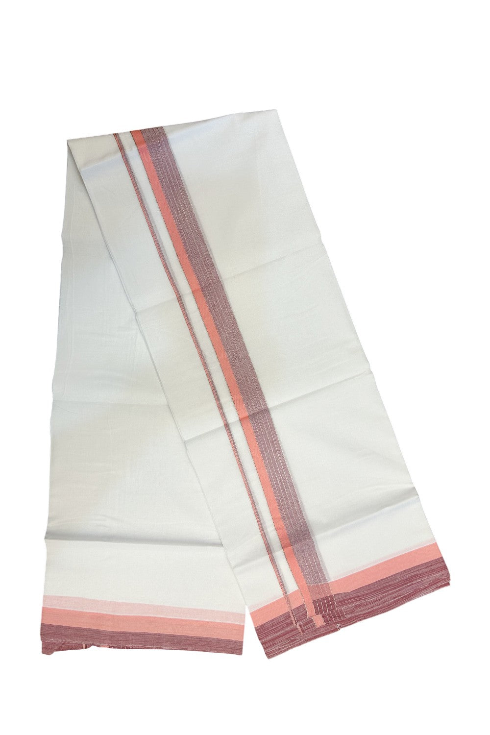 20% DISCOUNT ! KaithariKada Balaramapuram 100% Cotton Double PURE WHITE Mundu/Dhoti - 100X80 - 1.5 inch Silver kasavu Peach Pink & Maroon Shaded Stripes kara - 24KK5172PMC