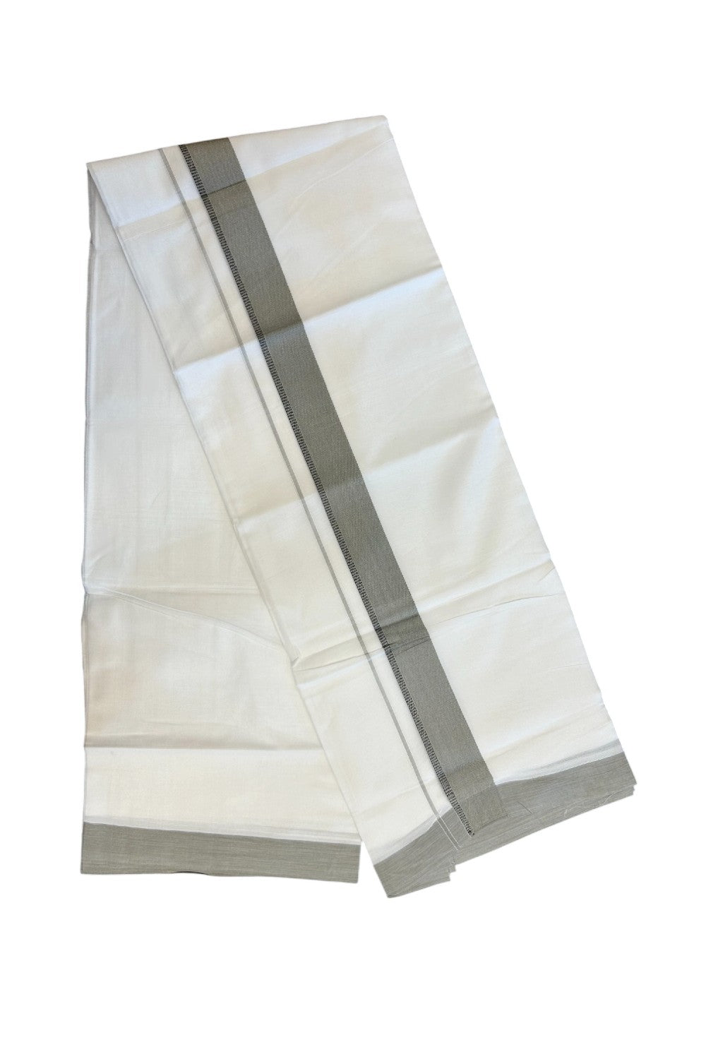 20% Discount ! Kaitharikada Balaramapuram 100% Cotton PURE WHITE Double Mundu/Dothi - 100x80 - 1.5 inch Sage grey & Black Side Striped Kara - 25KK5183VIN
