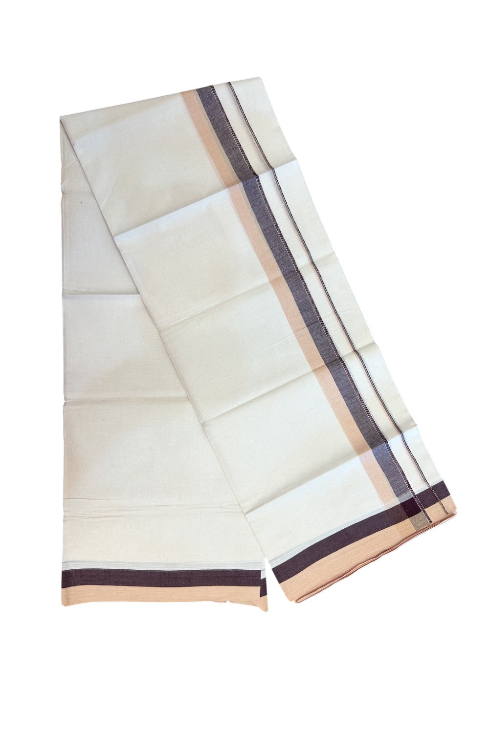 20% DISCOUNT !! KaithariKada Balaramapuram 100% Pure Cotton Double Off white - (Unbleached) Mundu/Dhoti-100x100 - 1.5 inch Puliyilakkara Silver Kasavu Wine Purple & Cream Shaded Stripes Kara - 25KK5186CKS