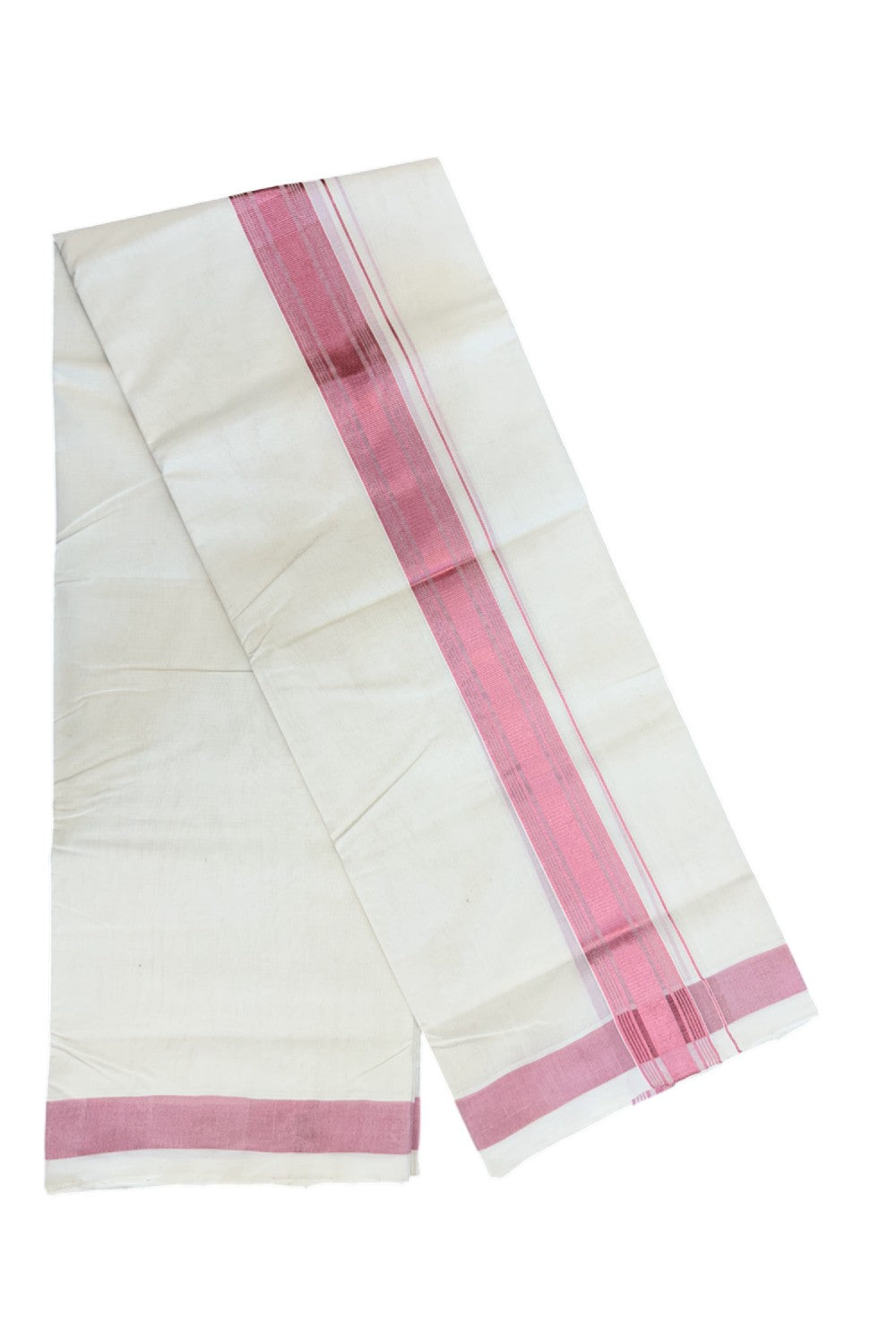 25% Discount!! KaithariKada Handlloom Millpaav Balaramapuram - 100% Pure Cotton Off White (Unbleached) Double Mundu/Dothi -80x90 - 1.75 inch Rose Pink Kasav Striped kara 4 mtr (8.5 muzham) - 25KK5234 RAM