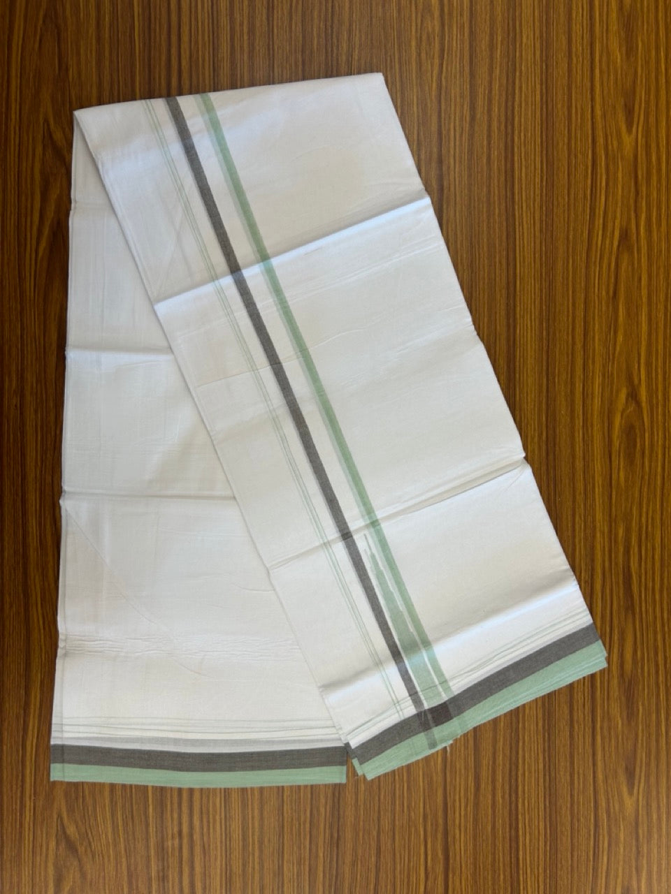 20% Discount ! NEW! KaithariKada Balaramapuram 100% Cotton Pure white Double Mundu/Dhoti - (100x80)s - 1.5 inch Light Green Brown chutty - 25 KK5249 VIN