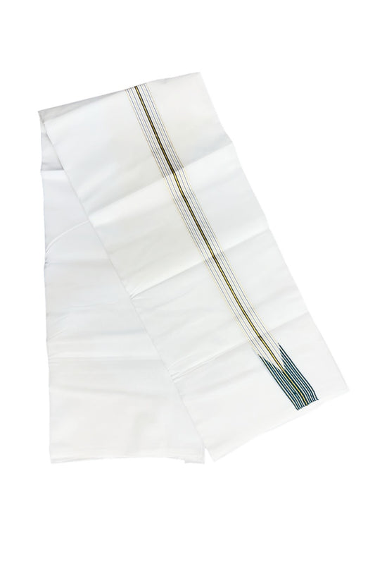 24% DISCOUNT ! KaithariKada 100% Cotton PURE WHITE Double Dhoti/Mundu-  1.25 Inch 12 Line Puliyilakkara Chutty GREEN & Kasavu Stripes-KK47ASH-25.