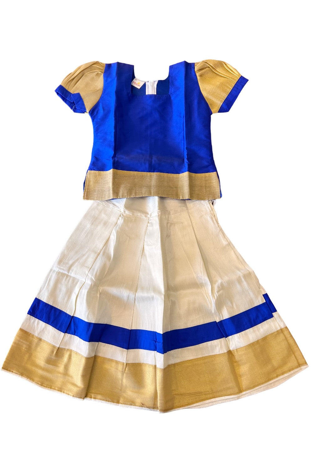 Midukki-Traditional South Indian Kids Pattu Pavada- Blue top offwhite skirt with kasavu- Age 4 - KK4MID0025