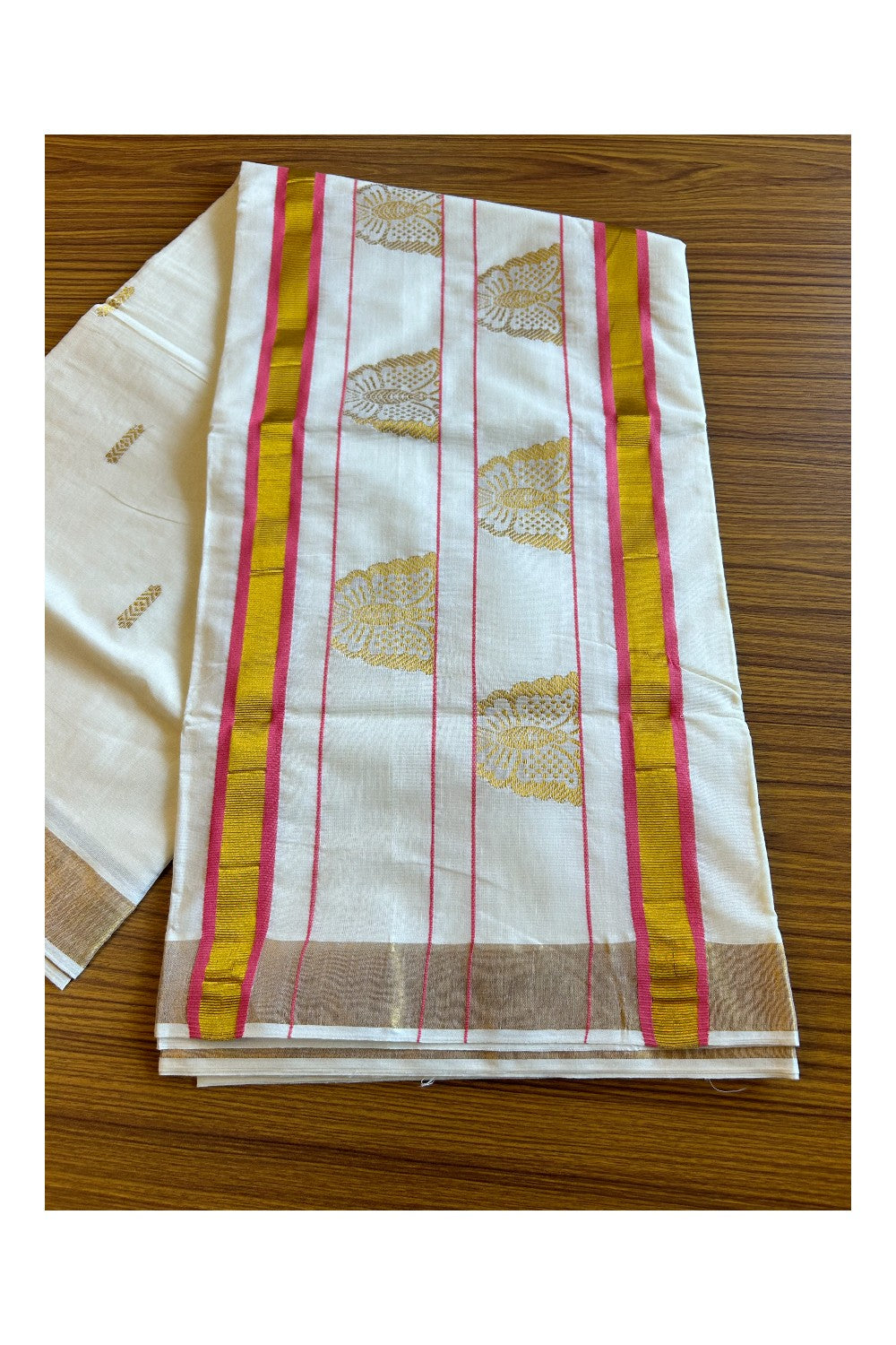 25% Discount! Kaitharikada Kerala Cotton Saree Off white - 12 inch Kasavu Zari with Pink & Butterfly Pattern Putta Design- 25KK303VIN