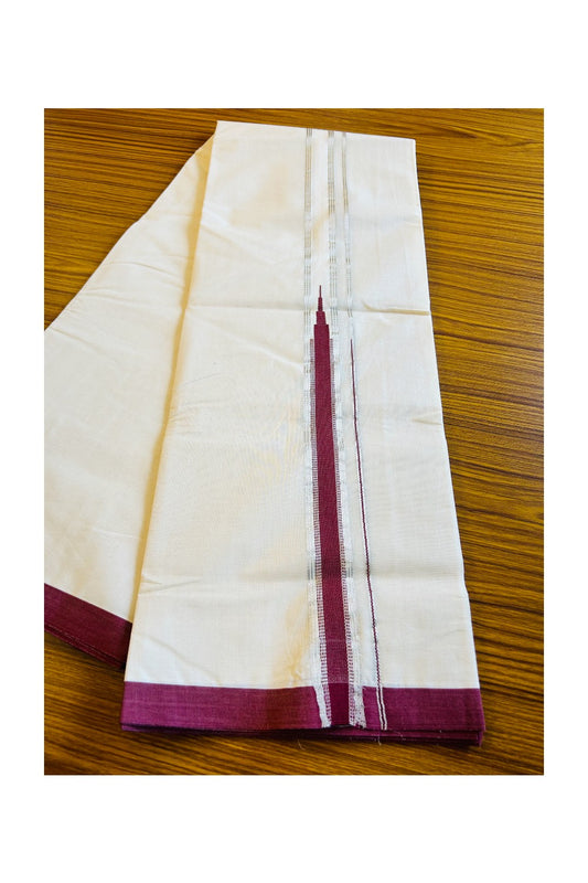 31% DISCOUNT! KaithariKada Balaramapuram 100% Cotton Double Off white - (Unbleached) Mundu/Dhoti-100x100 2 inch Chutty Heavy Designer Dark Maroon & SILVER Kasavu Kara - 25KK411ASH