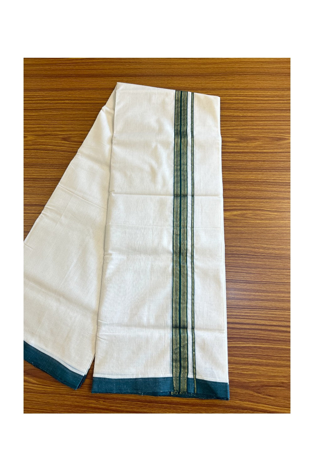 25% Discount!!! KaithariKada HANDLOOM UNAKKUPAAV Balaramapuram - 100% PURE Cotton off white (Unbleached) Double Mundu/Dhoti - 1.75 inch Dark green & kasavu pattern kara - 25KK458SOM